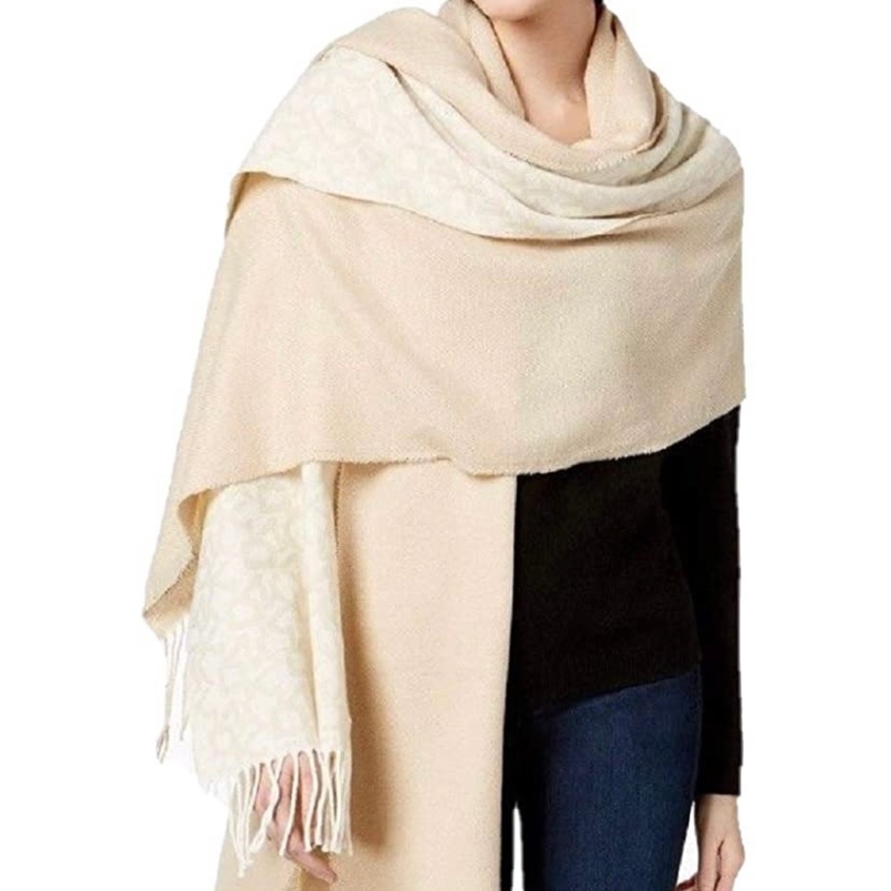 DKNY Beige Cream Logo Wrap Scarf Wool Blend NWOT Neutral 12x74